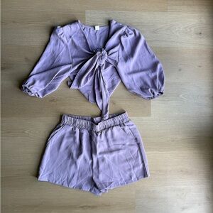 Lavender Tie-Front Blouse and Shorts Set